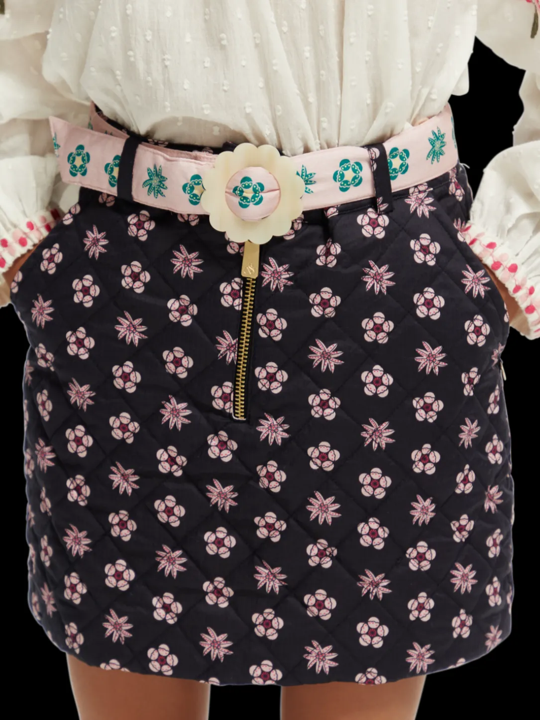 Belted Printed Quilted Mini Skirt