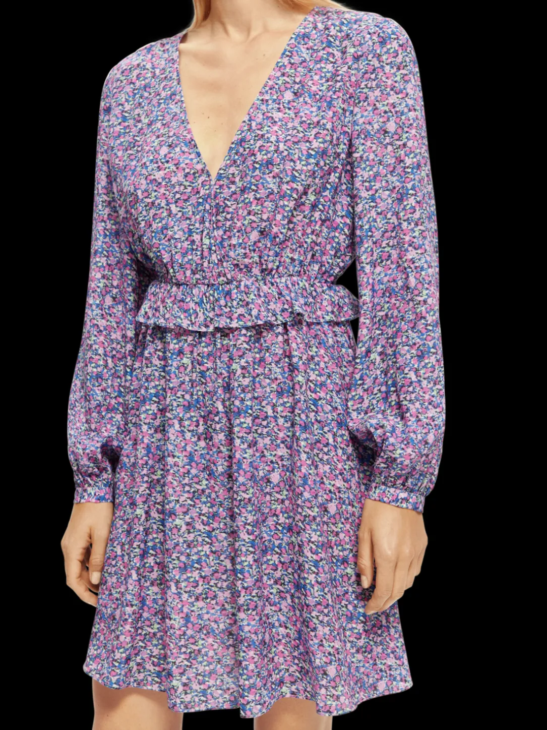 Long-Sleeved Printed V-Neck Mini Dress