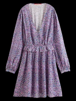 Long-Sleeved Printed V-Neck Mini Dress