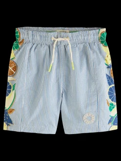 Mid-Length Printed Pinstripe Swim Shorts