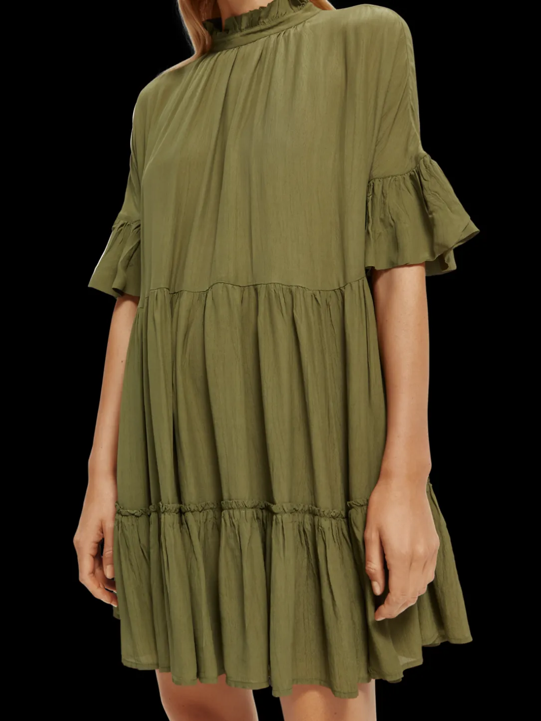 Ruffle-Sleeved Tiered Mini Dress